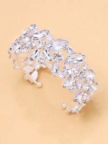 1pc Fashionable Asymmetrical Crystal Leaf Bangle, Versatile Niche Design Luxury Fully Paved Rhinestone Wedding Accessory For Women - Silver - View 6