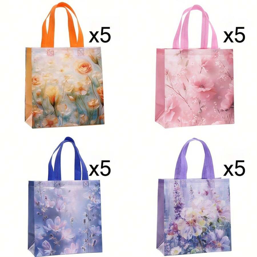 20个装带提手花卉礼品袋 - 蓝色、粉色、橙色、紫色，优雅花卉图案 - 9x8.5x4.3英寸大号礼品袋，适用于婚礼、生日、商务活动 - 无纺布材质，可用于礼品、购物、商务包装 - 大包装袋，婚礼回礼，油画风格，结实耐用的提手，适合活动策划、生日礼物、装饰包装、活动组织者使用
