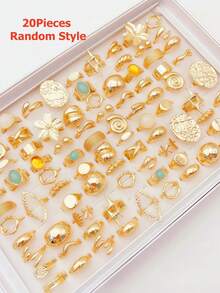 Juego de 20 piezas de anillos con diseños de mariposa, serpiente y flor brillantes, con incrustaciones de rhinestone, unisex, de estilo mixto, adecuados para uso diario y decoración de fiestas - 20 anillos huecos irregulares - View 9