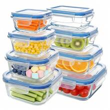 8PCS Glass Food Storage Containers With Lids, Food Storage Containers, Leak-Proof, Suitable For Fruits, Vegetables, Kitchen, Picnic, Meal Preparation, Refrigerator - Màu xanh lam - Xem 1