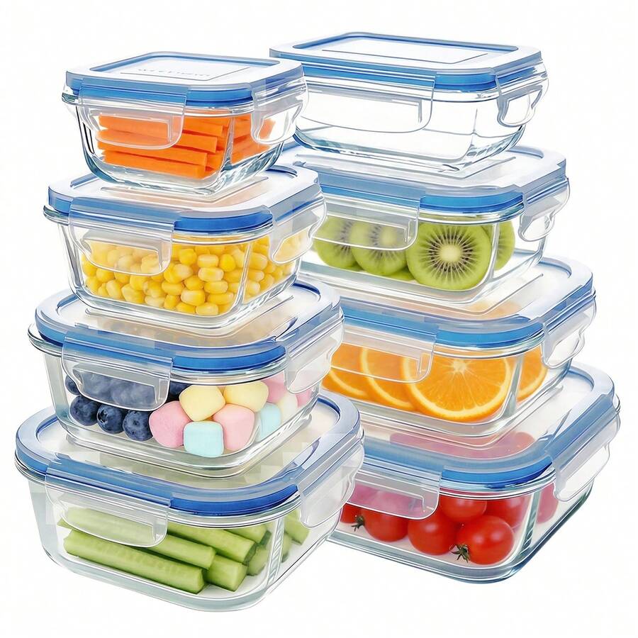 8PCS Glass Food Storage Containers With Lids, Food Storage Containers, Leak-Proof, Suitable For Fruits, Vegetables, Kitchen, Picnic, Meal Preparation, Refrigerator - Màu xanh lam - Xem 1