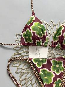 2pcs Retro Floral Colorblock Plaid Print Bikini Swimwear, Suitable For Beach, Pool, Cruise, Party In Spring & Summer Vacation - Wine Red Base With Green Flowers - View 4