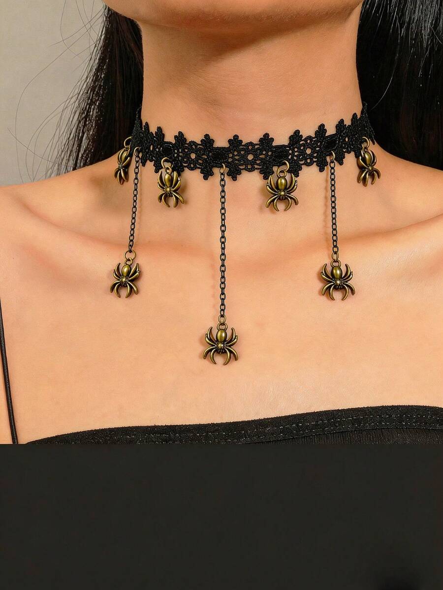 1pc Women's Vintage Spider Lace Chain Necklace, Gothic Choker Collar Necklace For Halloween - Multicolor - View 1
