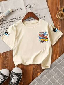 Young Boy Cartoon Print Short Sleeve T-Shirt - Apricot - View 2