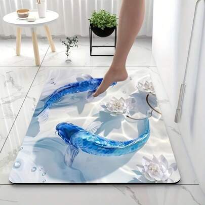 1 tấm thảm tắm hình cá 3D nhanh khô, chống trượt, lót cao su, chất liệu polyester dệt kim, thảm thấm hút nước, thảm trang trí phòng tắm cho nhà cửa.