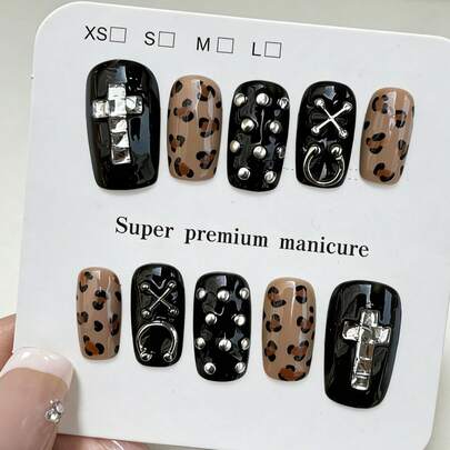 10 móng tay giả thủ công nguyên chất, độ dài trung bình, hình vuông, màu nâu và đen với họa tiết da báo, dễ thương, sang trọng, hiệu ứng nhấp nháy nhẹ Y2K, phù hợp cho cả nam và nữ, thích hợp cho mùa xuân, hè, thu đông, các dịp lễ và sử dụng hàng ngày.