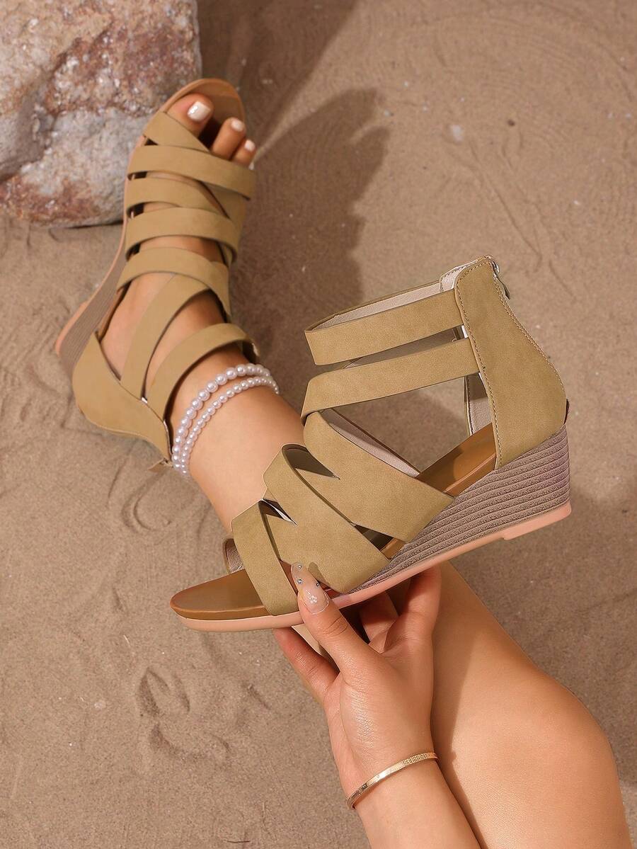 Mẫu sandal nữ slip-on thời trang mới năm 2026, thiết kế khóa cài màu trơn, đế xuồng dày, phù hợp cho các dịp thường ngày, du lịch, đi biển, dự tiệc và hoạt động ngoài trời. - Màu Khaki - Xem 1