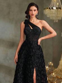 BluePlum Asymmetrical Shoulder Black Lace & Sequin Bridesmaid Dress, Fitted Mermaid Silhouette With Rose Texture, High-End Party Gown With High Slit And Train, Elegant Dark Color Evening Dress Wedding Spring - Black - View 7