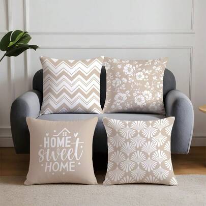 4 piezas Fundas de cojín minimalistas con diseño geométrico floral de té con leche, tela de terciopelo suave impresa por un solo lado, 45*45CM, adecuadas para decoración del hogar, dormitorio, sala de estar, fiesta, vacaciones, fundas decorativas de cojín para sofá, regalo, sin relleno de cojín