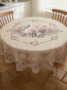 Vintage Pink Rose Floral Tablecloth, Waterproof Oil-Proof Rectangular/Round Table Cover For Dining Room, Kitchen, Party Decor - A - View 7