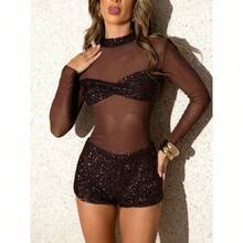 Spring And Summer New Women's Fashion Sexy Sequined Jumpsuit With High Neck, Mesh Long Sleeves, And Bustier Sequin Shorts Party Dress Set - Dark Brown - View 5