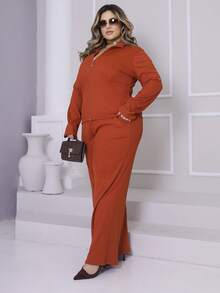 Women's Plus Size Winter Set, Plain, Consisting Of Wide-Leg Pants And A Zippered Top In Ribbed, Fleece-Lined Knit Fabric. - 屋頂的瓦片 - 查看 5