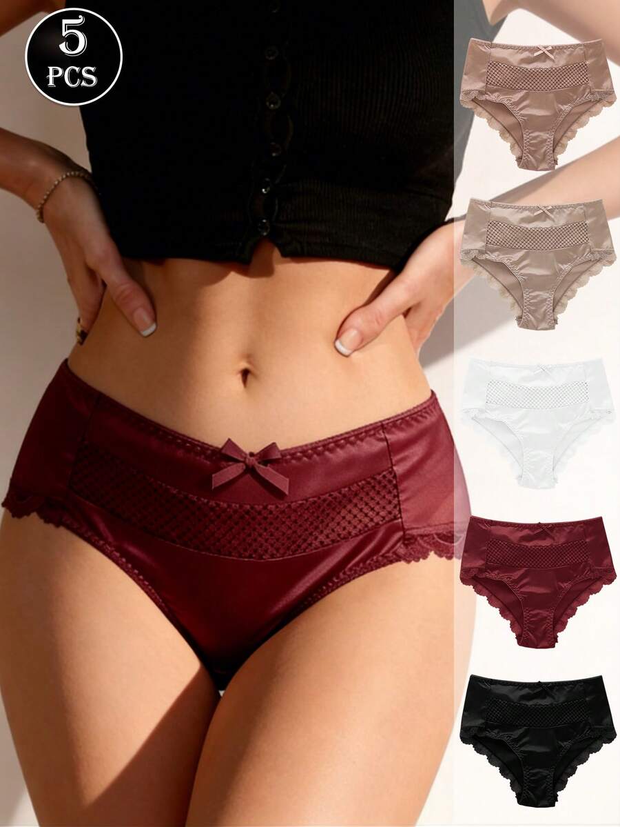Women's 5 Packs Elegant Satin Mesh Lace Trim Mid Rise Underwear, Comfortable Daily Wear Panties - Multicolor - View 1