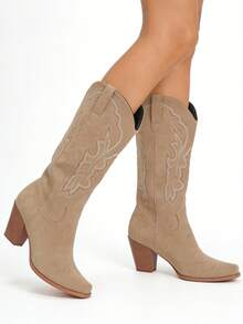 Women's Western Embroidered Boots Chunky Heel Boots Outdoor Fashion Mid Calf Boots Cowboy Boots With Pointed Toe Party Dresesy Comfortable Riding Boots For Women - 卡其色 - 查看 7