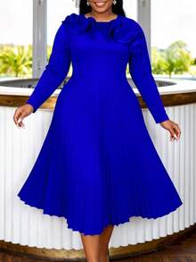 AOMEI Damen Große Größen elegantes konservatives Kirchenkleid in königlicher Farbe Herbst/Winter mit Rüschen 3D-Plissee Langarm A-Linie Midi Partykleid, Geburtstag oder Hochzeitsparty, Hochzeitstag, Sonntag - Blau - Übersicht 2