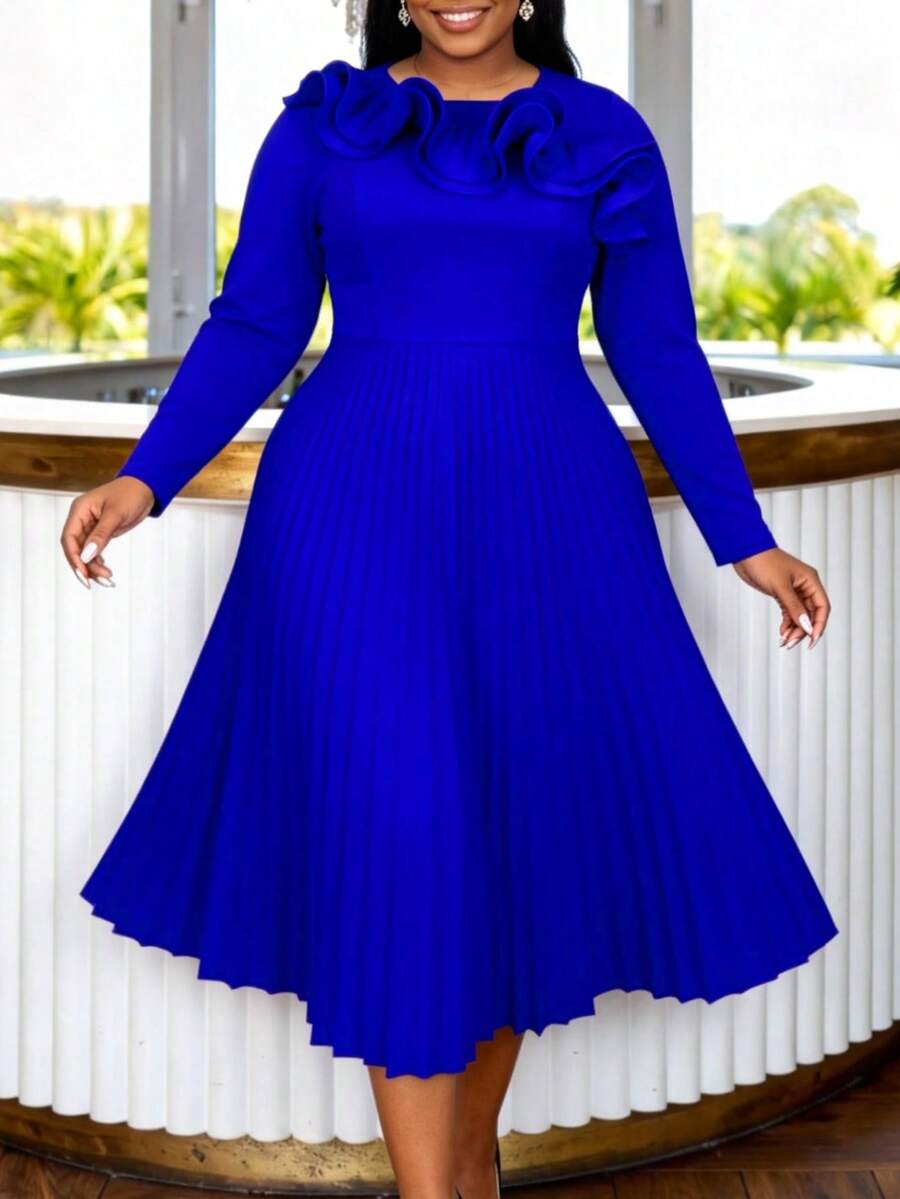 AOMEI Damen Große Größen elegantes konservatives Kirchenkleid in königlicher Farbe Herbst/Winter mit Rüschen 3D-Plissee Langarm A-Linie Midi Partykleid, Geburtstag oder Hochzeitsparty, Hochzeitstag, Sonntag