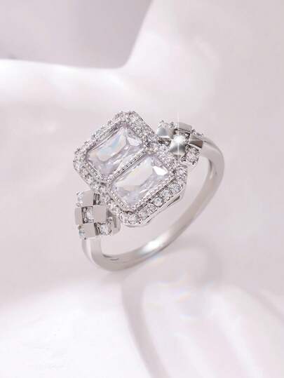 1pc Men's Ring, Rectangular Cubic Zirconia Center, Chessboard Design With Round Synthetic Zirconia On Sides, Bohemian Style, Suitable For Daily Wear, Wedding, Party, Anniversary, Valentine's Day Gift