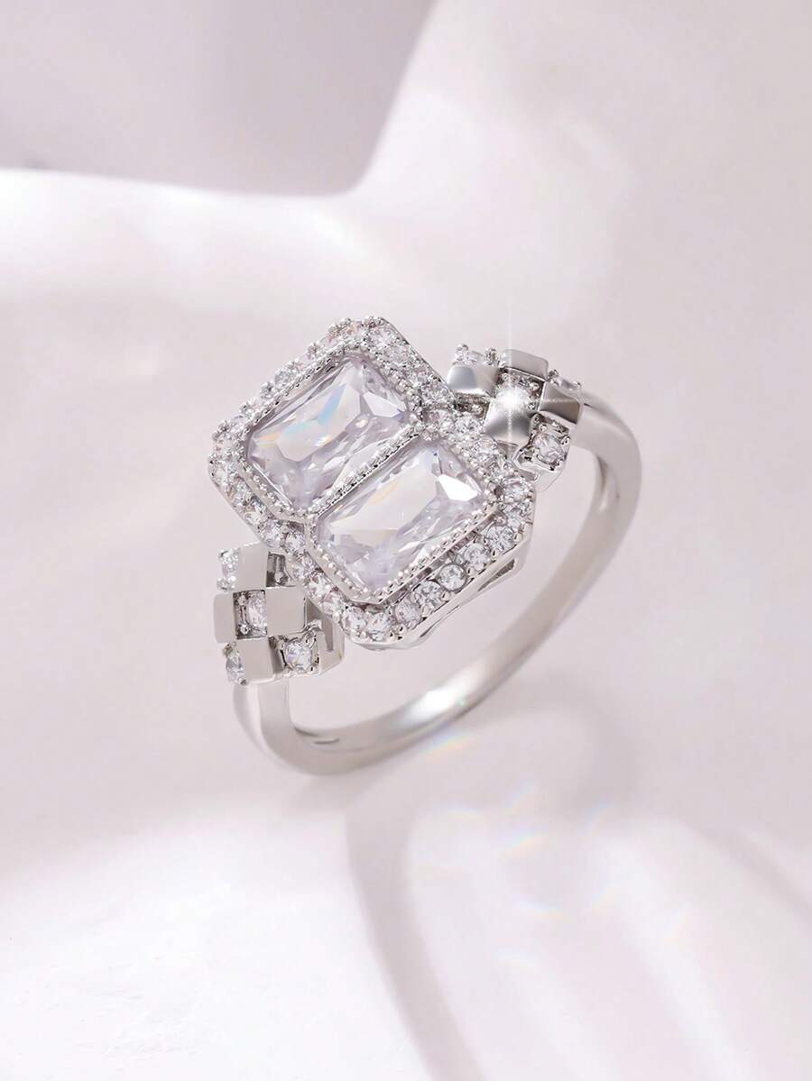 1 chiếc nhẫn nam, mặt trong hình chữ nhật đính đá Cubic Zirconia, thiết kế bàn cờ với các viên đá Zirconia tổng hợp tròn ở hai bên, phong cách Bohemian, thích hợp để đeo hàng ngày, dự đám cưới, tiệc tùng, kỷ niệm, quà tặng ngày Valentine. - Bạc - Xem 1