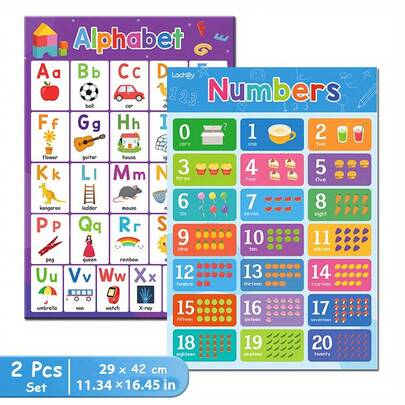 Lachilly 2 件/套 ABC 字母数字 1~20 海报套装，儿童教育图表学习玩具，学校课堂资源教育玩具，字母数学学习辅助工具