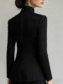 女士时尚精致金箔玫瑰花前扣西装外套，适合日常办公、聚会、秋冬季穿着，带内衬 - 黑色 - 查看 2