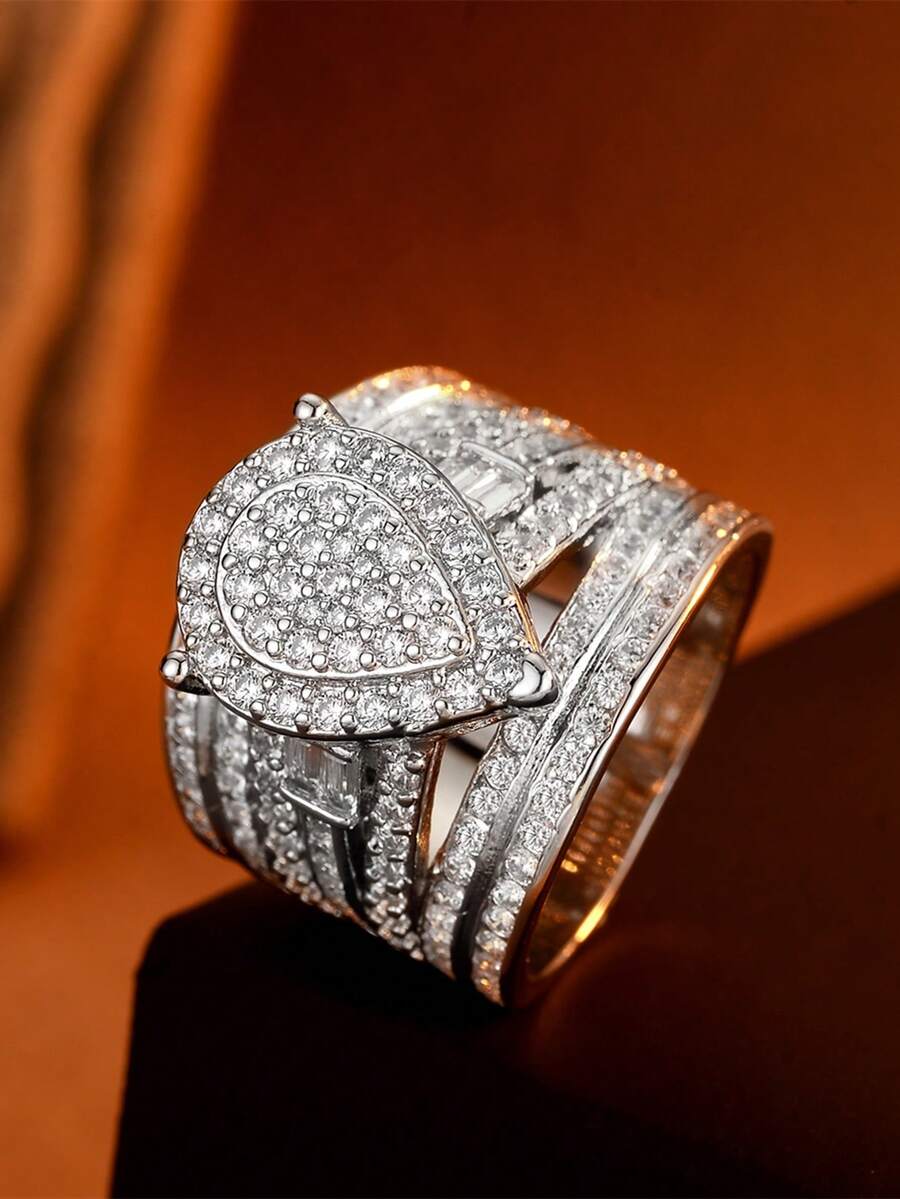 Micro-Inlaid Zirconia Heart-Shaped Ring, Vintage Design With Full Diamonds - White - View 1