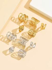 5pcs/Set Elegant Wide-Band Multi-Element Stainless Steel Rings, Versatile Hollow Geometric Asymmetrical Line Open Rings, 18K Gold Vacuum Plated, Waterproof, Fade-Resistant, Women Vacation Gift - Geometry - View 10
