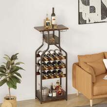 Estante de vino independiente de metal, contiene 16 botellas, escritorio, estante de vidrio, para bar, cocina, comedor, sala de estar, espacios pequeños - Marrón - Ver 1