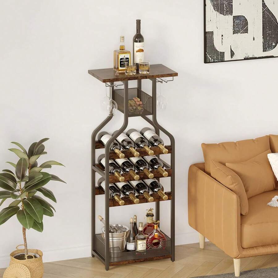 Estante de vino independiente de metal, contiene 16 botellas, escritorio, estante de vidrio, para bar, cocina, comedor, sala de estar, espacios pequeños - Marrón - Ver 1