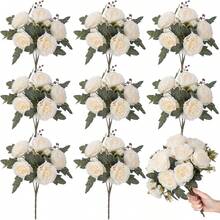 1pc Artificial Rose Bouquet, Embroidered Ball, Peony Mixed Flower Bouquet, Bridal Bouquet, Wedding Decor, DIY Wreath Material, Birthday Party Decor, Home Vase Outdoor Garden Autumn Decor, Valentine's Day New Year Gift - Milky White - View 3