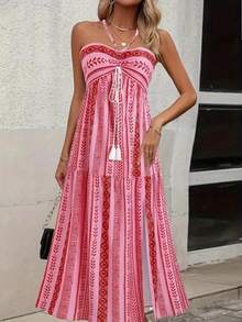 Bohemian Women's Resort Style Summer Fashion Slit Sexy Print Lace-Up Bandeau Dress - 玫紅色 - 查看 3