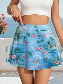 Women Summer Mini Skirt Hawaiian Floral Print Blue Sky Palm Tree Design Gym Activewear Mini Skirts For - 彩色 - 查看 2
