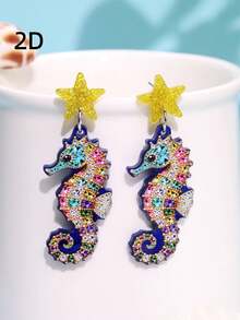 1 paire de boucles d'oreilles acryliques mignonnes et minimalistes avec strass 2D représentant un animal marin bleu, un hippocampe, rafraîchissantes pour l'été. Convient pour la plage, les vacances et les sorties pour femmes - Multicolore - Voir 1