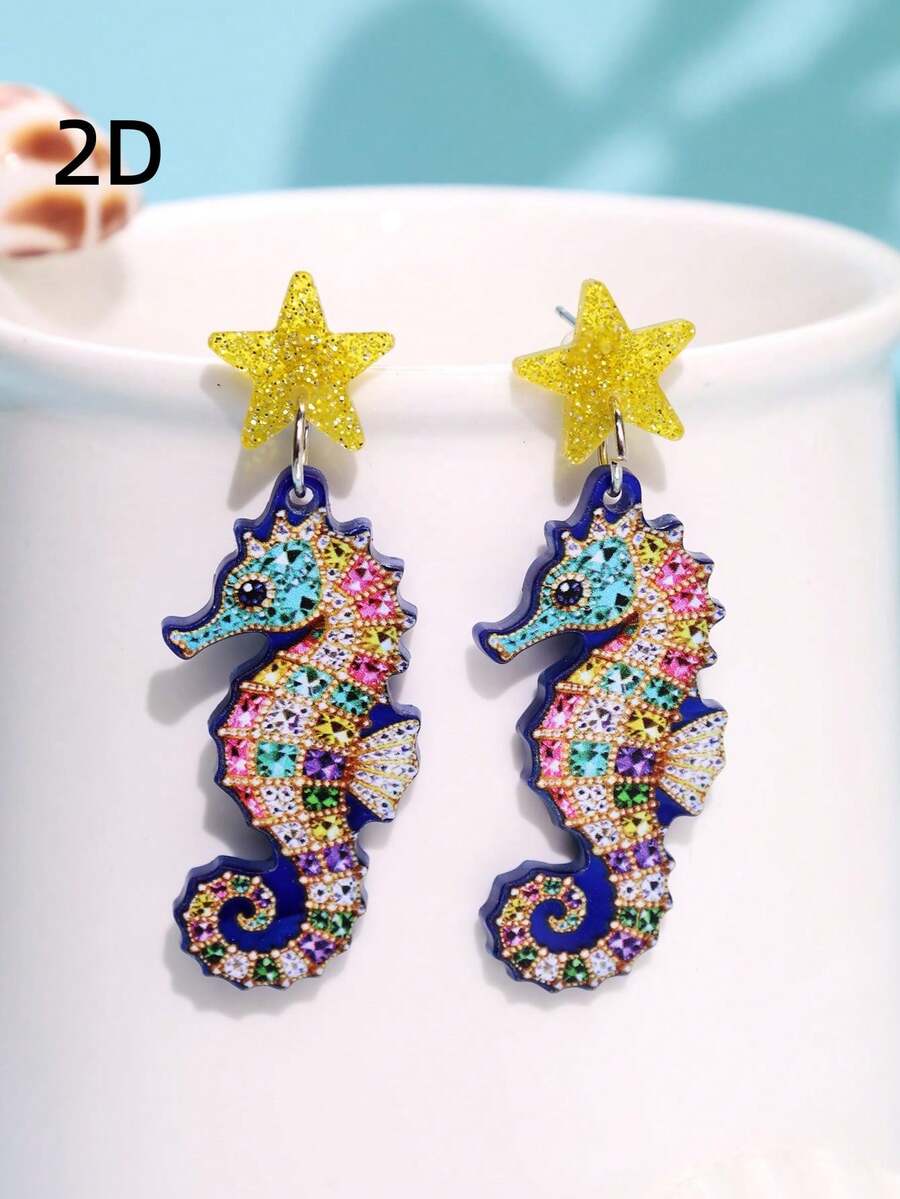 1 paire de boucles d'oreilles acryliques mignonnes et minimalistes avec strass 2D représentant un animal marin bleu, un hippocampe, rafraîchissantes pour l'été. Convient pour la plage, les vacances et les sorties pour femmes - Multicolore - Voir 1