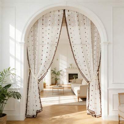 ستائر شفافة بوهيمية مع تطريز نقطي وشرائط شماعات وكرات زخرفية، ستائر نصف شفافة لغرفة المعيشة والنوم بطراز ريفي، تصفية الضوء وتوفير الخصوصية للأبواب الفرنسية، جيب علوي