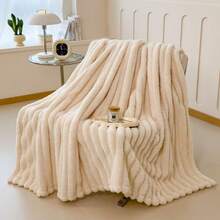 1pc Luxury Striped Faux Fur Blanket - Soft, Warm, Comfortable, Suitable For Sofa, Bed, Office And Travel - Modern Style, All-Season Gift, 100% Polyester, Knitted, 300-350 Gsm - White - View 8