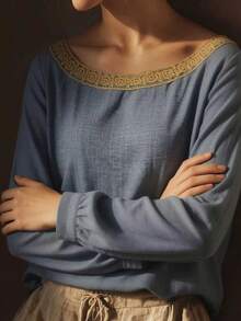 Women's Casual Lace Trim Linen Long Sleeve Blouse, Pullover Style, Leisure Vacation Top Spring - Light Wash - View 7