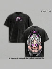 Frieren Streetwear Vintage Washed Anime T-Shirt IDemon Elf Girl Purple Crown Graphic Tee I OversizedRetro Shirt | Heavy Cotton Grunge Gift For Frieren Fans A Gift For Anime Fans And Anime Lovers. - màu đen - Xem 1