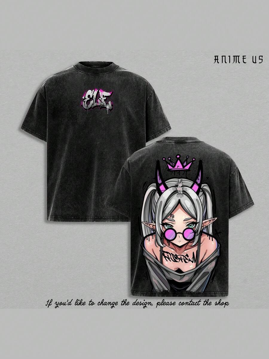 Frieren Streetwear Vintage Washed Anime T-Shirt IDemon Elf Girl Purple Crown Graphic Tee I OversizedRetro Shirt | Heavy Cotton Grunge Gift For Frieren Fans A Gift For Anime Fans And Anime Lovers. - màu đen - Xem 1