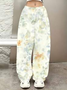 Floral Print Wide Leg Pants Cream Color Casual Loose Fit Women Sweatpants With Drawstring Elastic Waist Comfortable Joggers For Leisure And Sports Activities - 彩色 - 查看 2