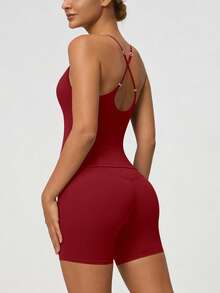 女士交叉绑带露背弹力吊带背心和短裤运动套装 - 紅色 - 查看 9