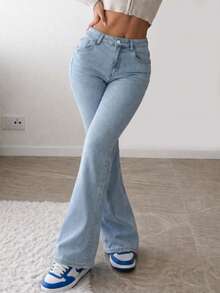Quần jeans ống loe cạp cao, co giãn, kiểu dáng thời trang đường phố Y2K, thanh lịch, màu xanh nhạt, thích hợp cho mùa xuân. - Rửa nhẹ - Xem 4