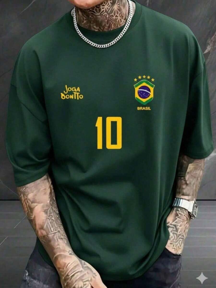 Men's T-Shirt With Brazilian National Team Print, 100% Cotton - 軍綠色 - 查看 1