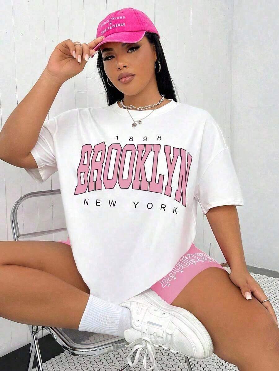 Plus Size Summer Casual Letter Print T-Shirt And Shorts 2 Pieces Set Anti-Wrinkle Cotton T-Unisex Loose - Fit Comfortable Vintage Street - Style C-L91 - 白色2 - 查看 1