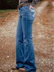 Women's Personalized Back Pocket Embroidery Design Flare Stretch Jeans Casual Spring - 黑灰刺繡 - 查看 7