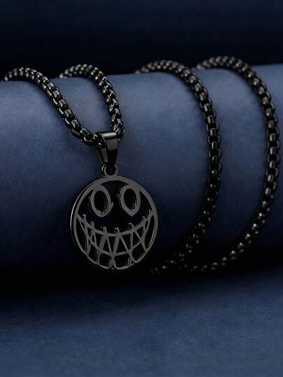 Collar con colgante de cara malvada para hombres, cadena de caja de acero inoxidable negro, joyería de estilo callejero, hip hop, punk, grunge, estética e-boy, humor oscuro, accesorio para el cuello, regalo para novio, decoración de fiesta de Halloween, uso casual diario
