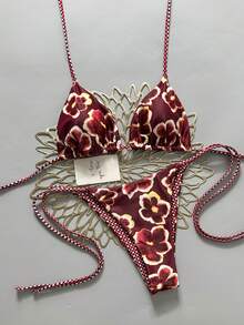 2pcs Retro Floral Colorblock Plaid Print Bikini Swimwear, Suitable For Beach, Pool, Cruise, Party In Spring And Summer Vacation - Wine Red Base With Purple Flowers - View 2