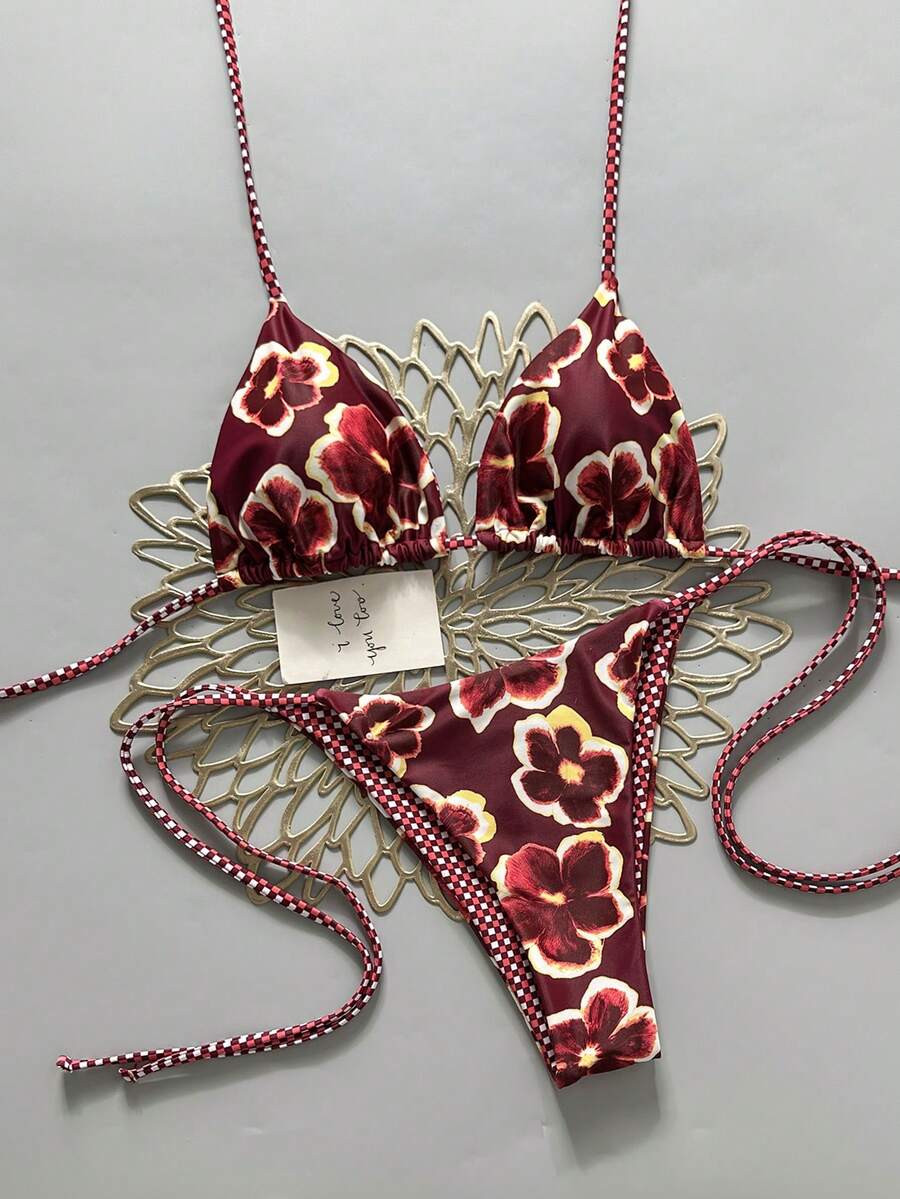 2pcs Retro Floral Colorblock Plaid Print Bikini Swimwear, Suitable For Beach, Pool, Cruise, Party In Spring And Summer Vacation