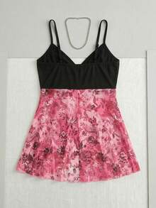 Áo Cami kiểu dáng nghỉ dưỡng Y2K bằng nhung, phần ngực được ghép nối, họa tiết trừu tượng và viền bèo nhún. - Hồng - Xem 3