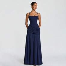 Elegant Lady Pure Desire Style Fashion Charm Banquet Party 2026 Women's Dress Temperament Solid Color Low Cut Long Skirt Folded Strap Waist Bareback Dress - màu xanh hải quân - Xem 5