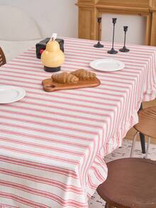 1pc Light Red Fresh Striped Ruffle Tablecloth, American Farmhouse Style Minimalist Decor, Rectangular For Dining Table, Coffee Table, TV Stand, Entryway, Suitable For Holidays, Parties, Weddings, Banquets, Home, Office, Outdoor Picnic, All Seasons - Red - View 7